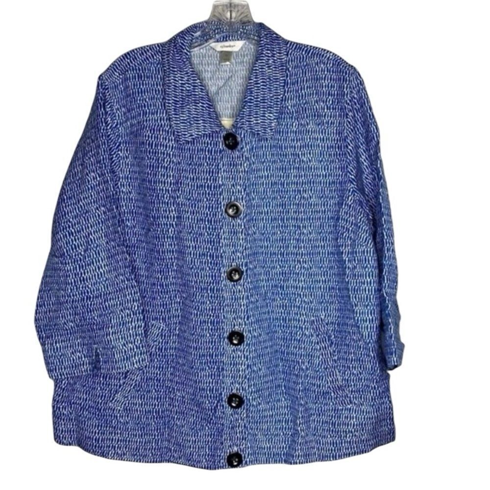 CJ Banks Blue White Abstract Print Lightweight Shacket Jacket Linen Blend 1X